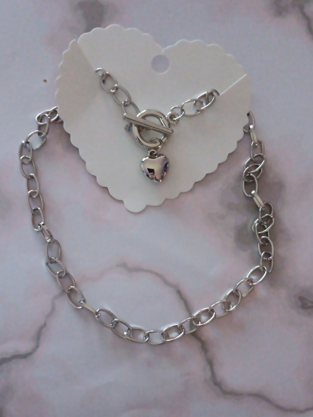 Silver Tone Heart Toggle Choker Chain Necklace New!